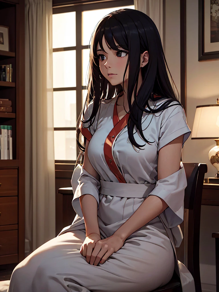 (masterpiece、top-quality、hight resolution), In a hotel room, a mature woman and a younger man are seated together, engaging in a serious conversation. The woman, appearing slightly nervous yet composed, is making the final confirmation. She says, "I know I'm older and might seem like an aunt to you, but are you really okay with this? Your first time being with someone like me...". The setting is intimate, with the woman sitting close to the man, who is attentively listening. The room's ambiance is cozy and private, highlighting the moment's significance and their emotional connection. nsfw, 30 years old
