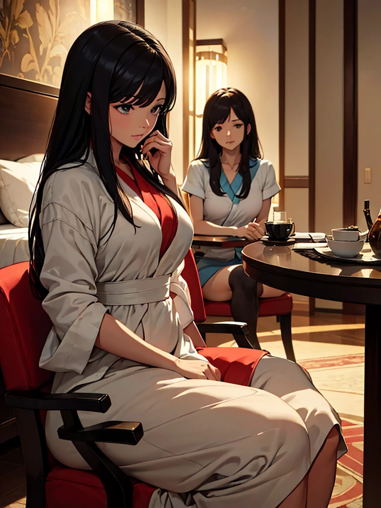 (masterpiece、top-quality、hight resolution), In a hotel room, a mature woman and a younger man are seated together, engaging in a serious conversation. The woman, appearing slightly nervous yet composed, is making the final confirmation. She says, "I know I'm older and might seem like an aunt to you, but are you really okay with this? Your first time being with someone like me...". The setting is intimate, with the woman sitting close to the man, who is attentively listening. The room's ambiance is cozy and private, highlighting the moment's significance and their emotional connection. nsfw, 30 years old