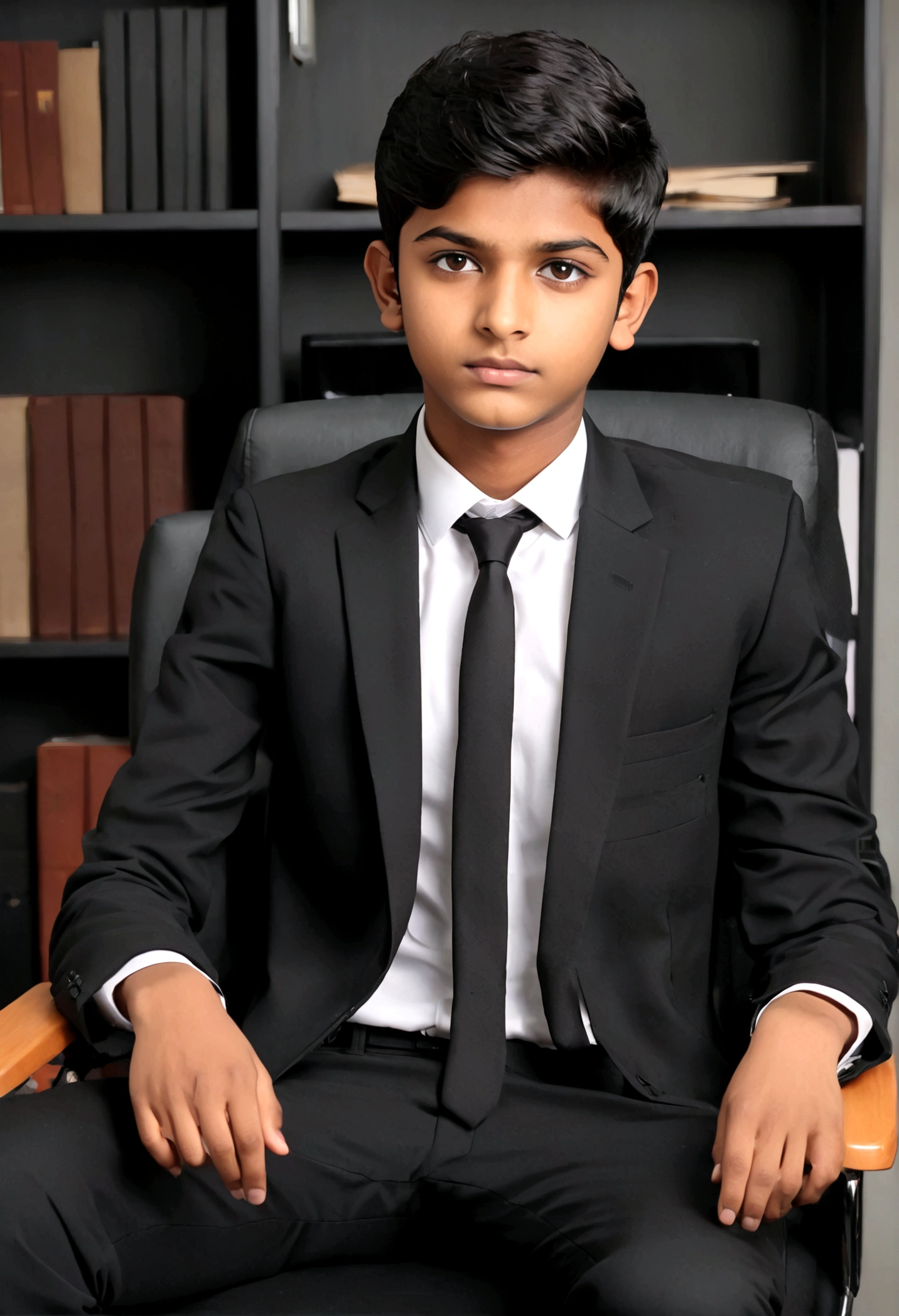 a 17 years old Indian bihari man, honey skin, short black hair, wearing black suit & pant, sitting on black office chair, image fill, best quality, 1080P, HD, 16k, super detail
