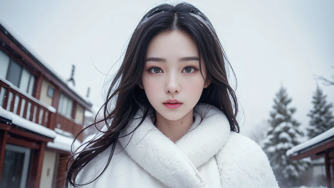 realistic photos of (1 cute Korean star) Shoulder-length hair, thin makeup, medium breasts size, wearing coat, in the snow, clear facial features, 8K high resolution, sharp and realistic details.from outside, Eye-Level Shot, f/4.0, 135mm, Fujifilm, jpeg artifacts, dithering, UHD, masterpiece