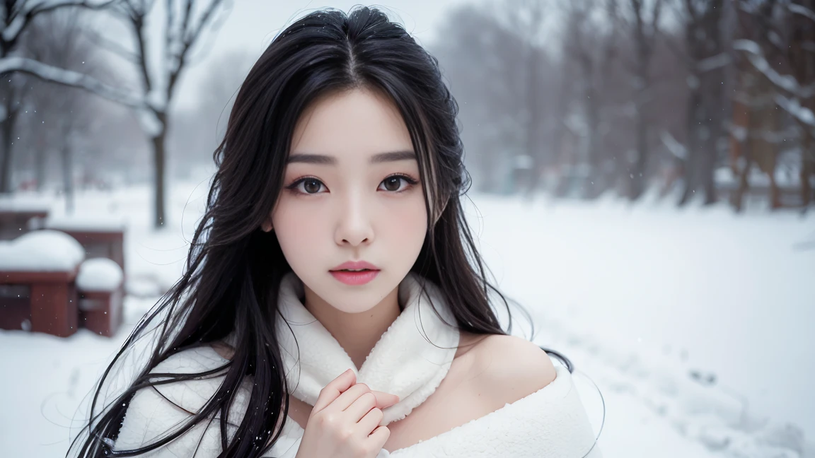 realistic photos of (1 cute Korean star) Shoulder-length hair, thin makeup, medium breasts size, wearing coat, in the snow, clear facial features, 8K high resolution, sharp and realistic details.from outside, Eye-Level Shot, f/4.0, 135mm, Fujifilm, jpeg artifacts, dithering, UHD, masterpiece