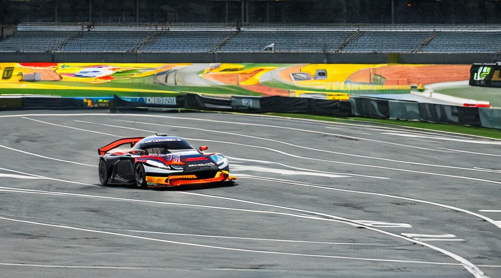 draw a coloring book page in black and white and color, car racing on a track, simple line, illustration, ink drawing, very visible thick outlines, clean lines, line art, clipart. A car is moving along the road, another one is catching up behind it. In the background - tribunes and scoreboard.