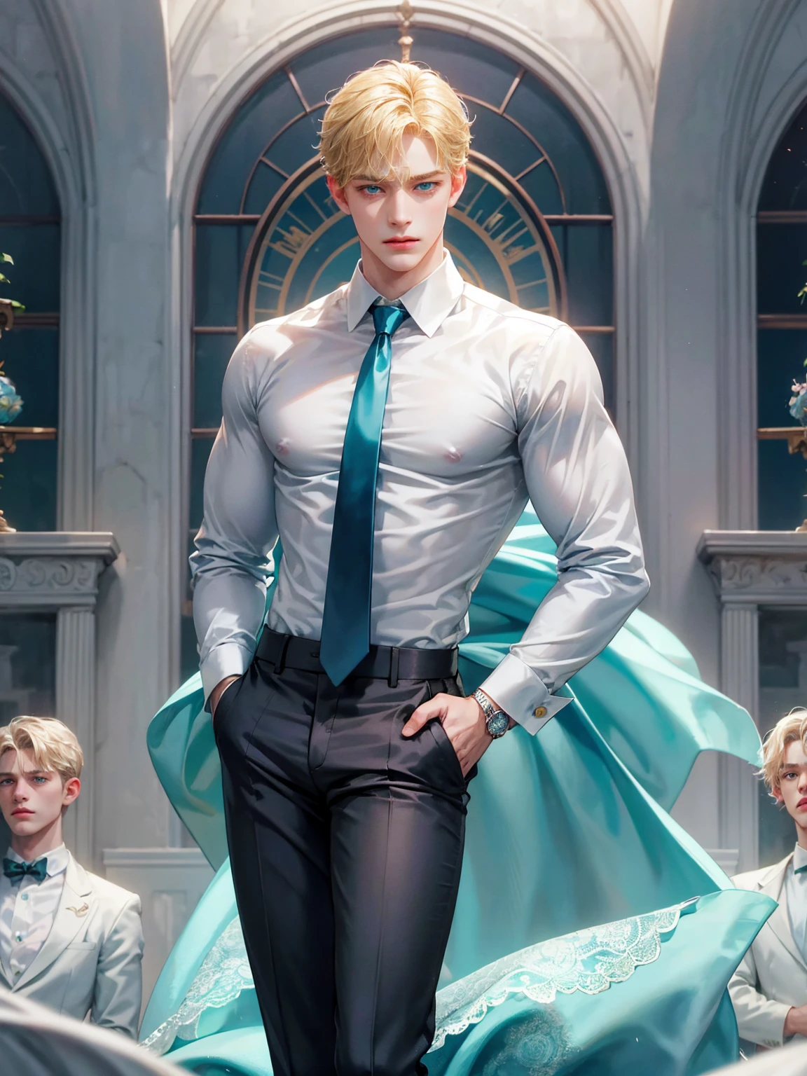 A boy, medium blonde hair, sky blue green eyes. He wears a white shirt with a fuchsia tie. He has grey pants. Handsome boy, detailed eyes, detailed face, detailed hands. He has his hands in his pockets. He looks at the viewer. Full figure. Background a castle