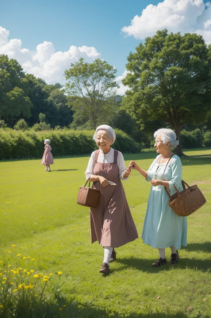 Several cute old women playing in a beautiful field. in style of studio ghibli