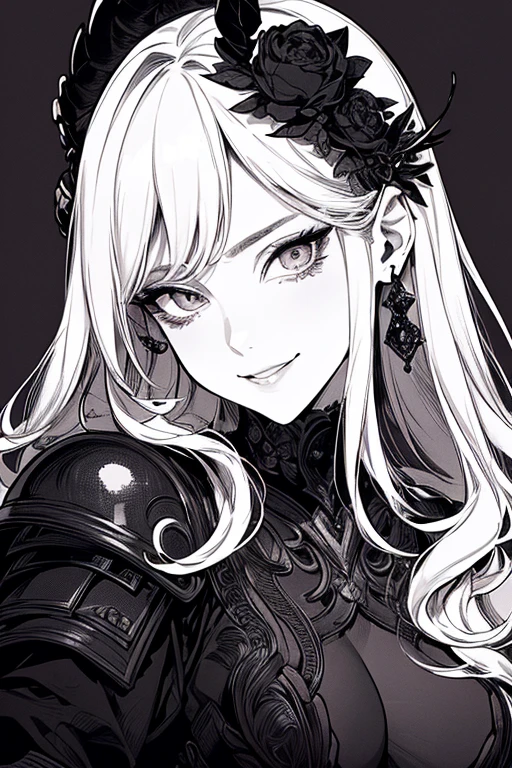 Highest quality, (Background details), High Contrast, Very beautiful woman, Detailed original illustrations、Functional、Warrior、armor、pocket、Delicate face、Fascinating、Villainess、sexy、Real breasts、Crazy Smile, Crazy Eyes,  Head close-up, Black background, (Black background: 1.5), Beautiful line art、Monochrome