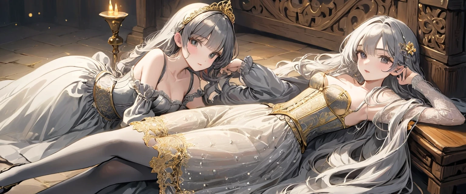 Girls in the Middle Ages、 Gold and silver embroidery、In underwear、Knee-length semi-transparent bloomers（With gold and silver lace）Wearing、Wearing a semi-transparent corset、 Grey translucent tights、Lying down、White Grey Pearl Medieval Long Dress