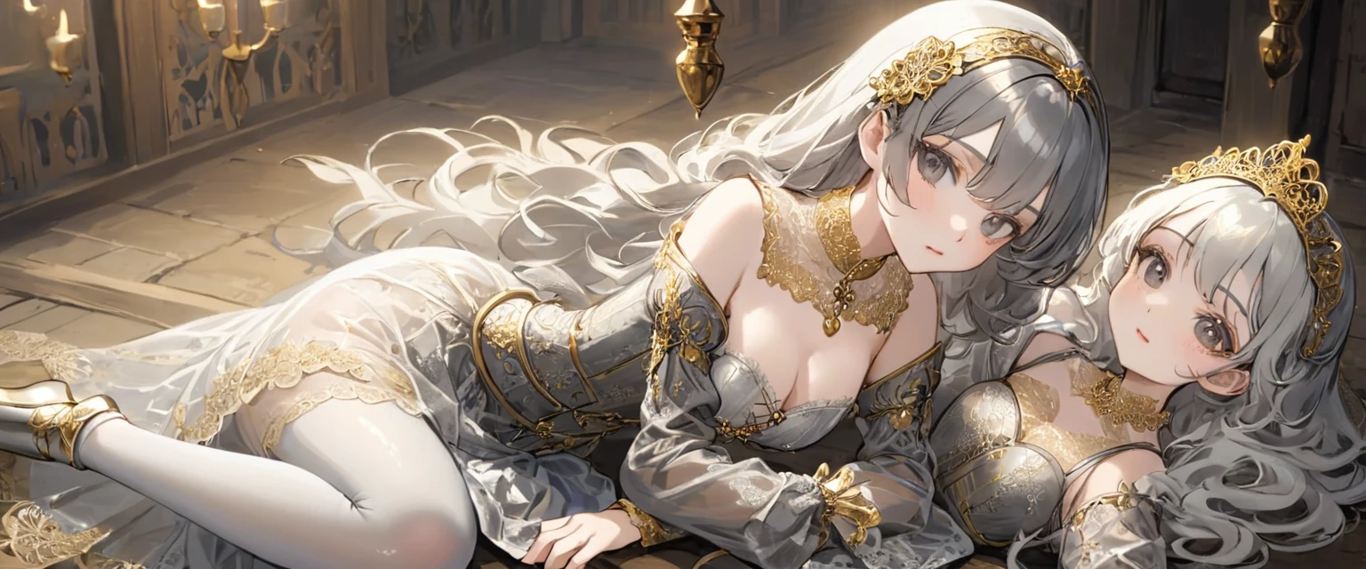 Girls in the Middle Ages、 Gold and silver embroidery、In underwear、Knee-length semi-transparent bloomers（With gold and silver lace）Wearing、Wearing a semi-transparent corset、 Grey translucent tights、Lying down、White Grey Pearl Medieval Long Dress