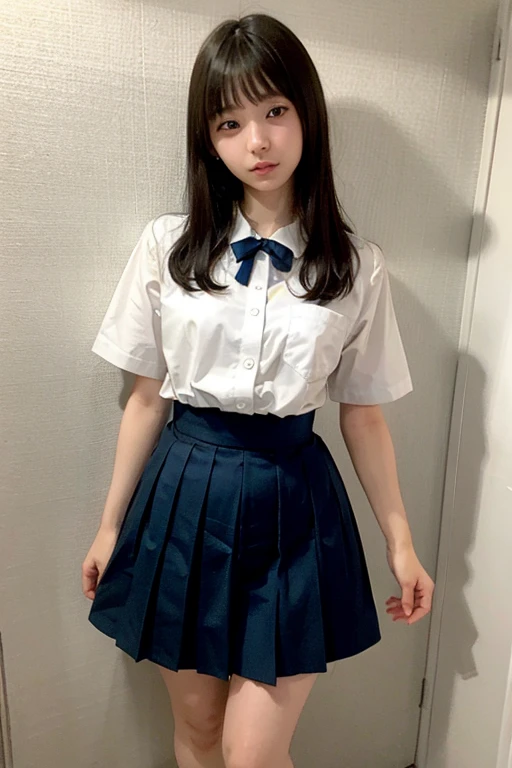 masterpiece、highest quality、super realistic、surreal、Ultra high definition、8k、Raw photo、textured skin、dark blue pleated skirt、super short skirt