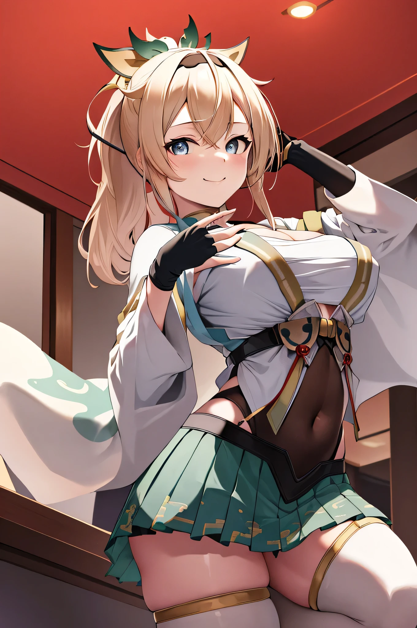 masterpiece, best quality, highres, 1girl, kazama iroha, blonde hair, fingerless gloves, gloves, sarashi, thighhighs, japanese clothes, white thighhighs, skirt, haori, black gloves, hairband, bangs, sheathed, pleated skirt, ponytail, chest sarashi, breasts, sheath, blue eyes, hair between eyes, black hairband, hair ornament, leaf hair ornament, long sleeves, covered navel, Miniskirt, large breasts, upper body, smile,Nipples