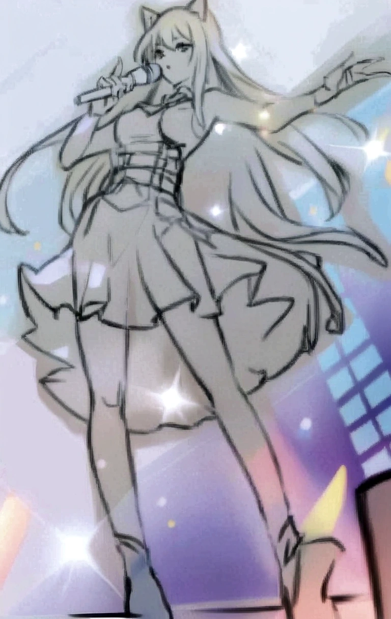Anime girl in a skirt and shoes standing on the stage, Idol singer , High heel,Sing,microphone,Long skirt,Fluttering skirts,Long hair,Catwoman,Clear anime silhouette, Anime style超详细, Clear clothing design, Anime art style, Pixiv Style, 扁平Anime style阴影, Anime style, The art of math!!, Anime style,
