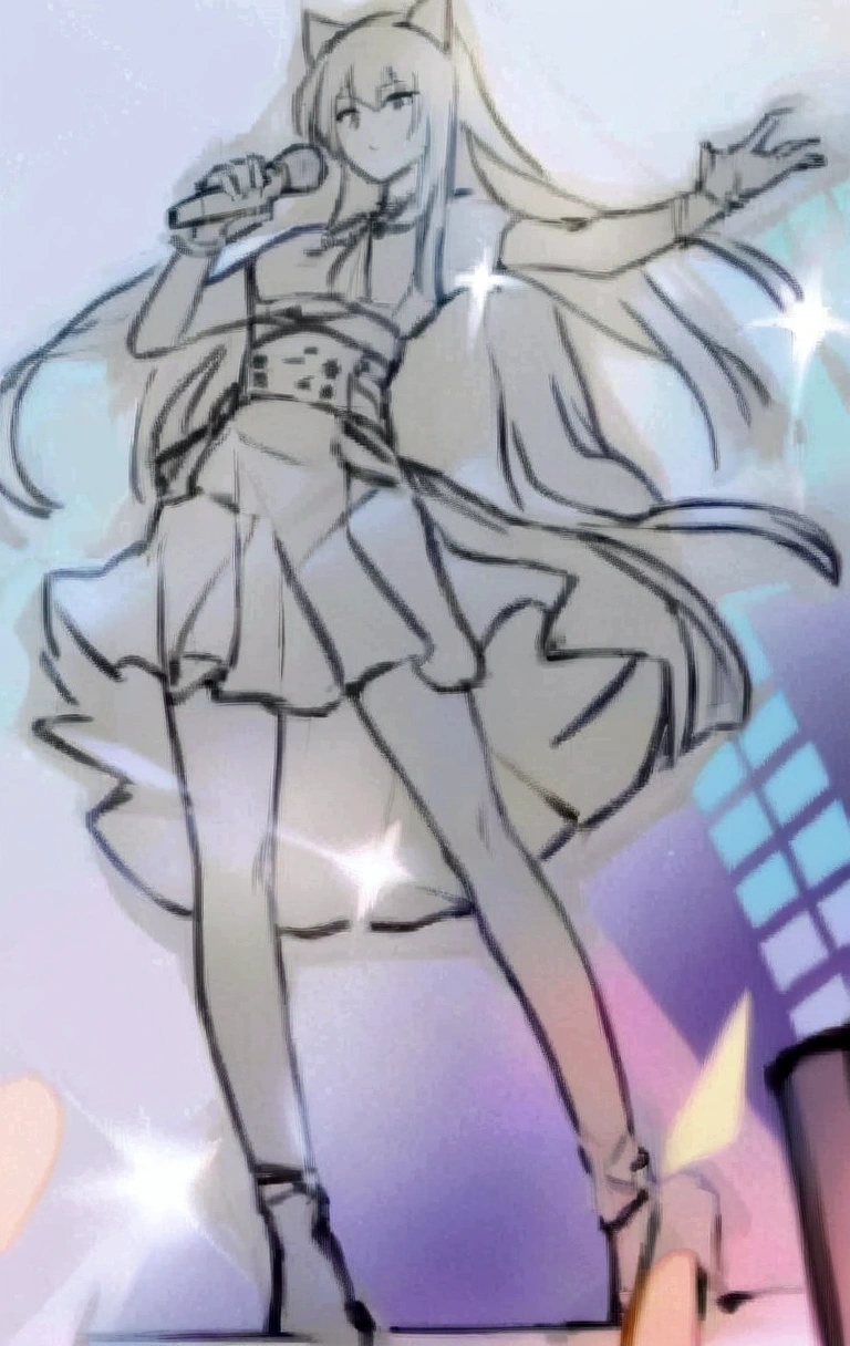 Anime girl in a skirt and shoes standing on the stage, Idol singer , High heel，Sing，microphone，Long skirt，Fluttering skirts，Long hair，Catwoman，Clear anime silhouette, Anime style超详细, Clear clothing design, Anime art style, Pixiv Style, 扁平Anime style阴影, Anime style, The art of math!!, Anime style, 