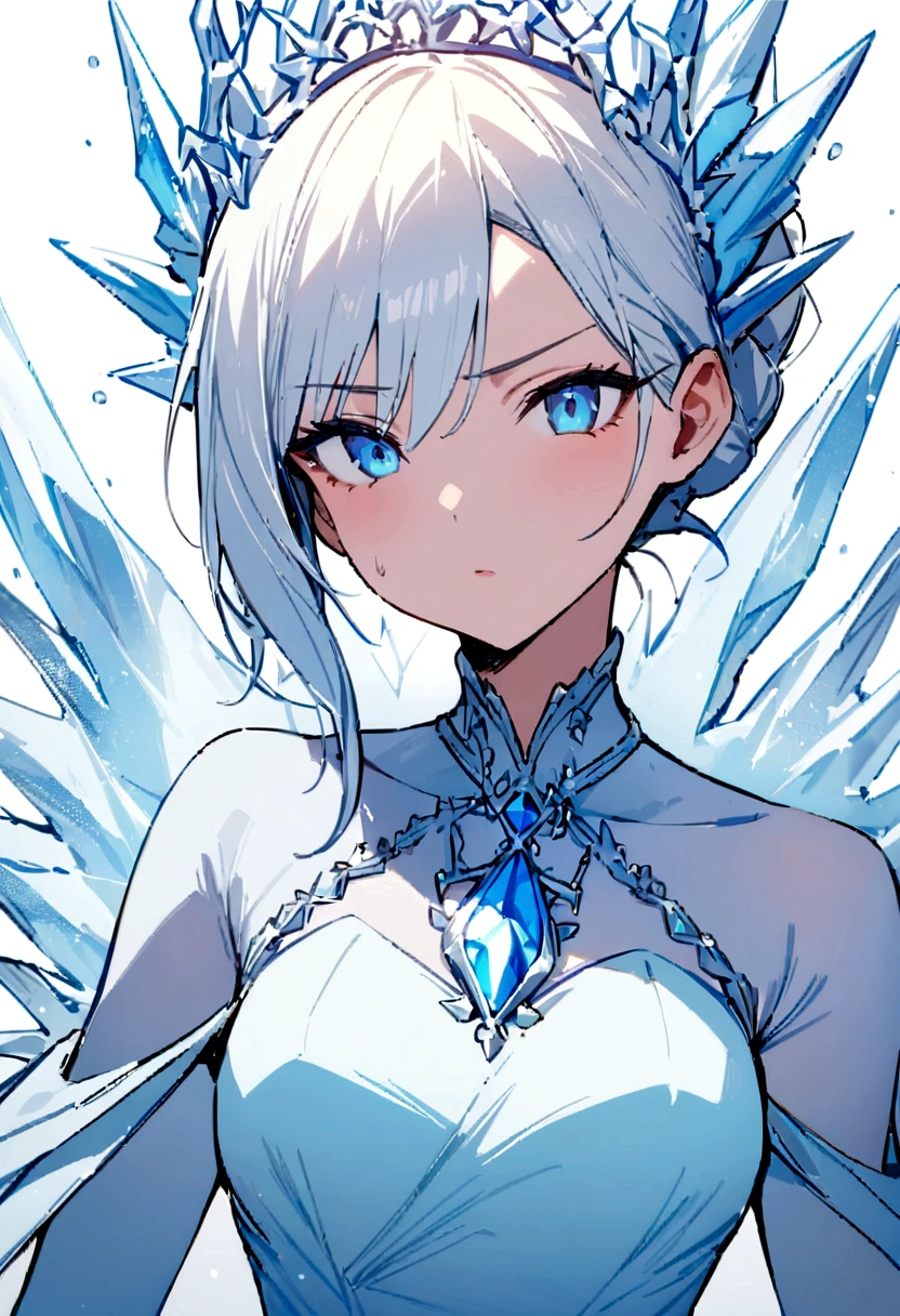 (best quality, masterpiece), 1 Girl, Upper Body, Looking at the audience, freeze, Elsa, White background