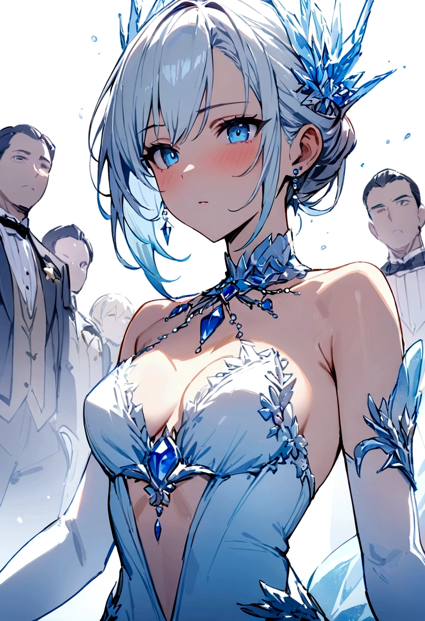 (best quality, masterpiece), 1 Girl, Upper Body, Looking at the audience, freeze, Elsa, White background