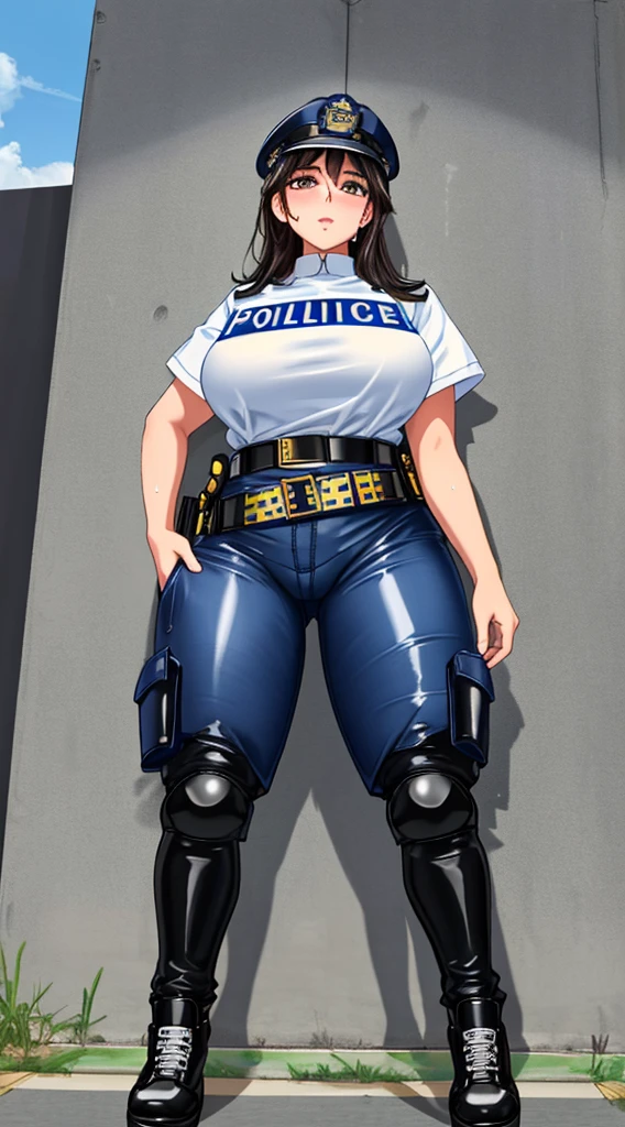 shiny skin, highres, 4k, best quality, masterpiece, big sized breasts, thick thighs, shiny skin, nsfw, woman, sweating, hot weather, police outfit, japan, morning, sunshine, from below, thick thighs, big sized breasts, erotic police, seductive police, sweating alot, heavy sweat, cameltoe, a slight smoke coming from her vagina, panting, hot weather, wearing a tight police outfit, (police shirt, police pants, police shoes, police hat, police belt:1.5)