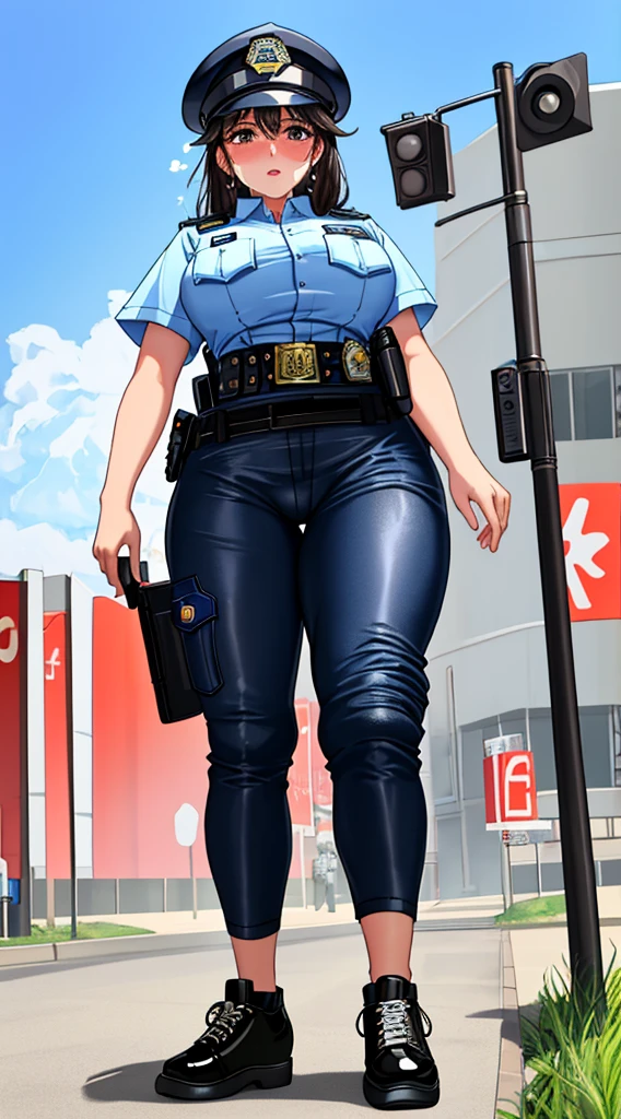 shiny skin, highres, 4k, best quality, masterpiece, big sized breasts, thick thighs, shiny skin, nsfw, woman, sweating, hot weather, police outfit, japan, morning, sunshine, from below, thick thighs, big sized breasts, erotic police, seductive police, sweating alot, heavy sweat, cameltoe, a slight smoke coming from her vagina, panting, hot weather, wearing a tight police outfit, (police shirt, police pants, police shoes, police hat, police belt:1.5)