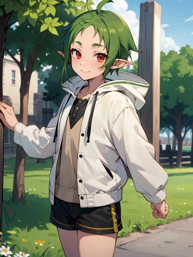 masterpiece, best quality, sylphiette, ahoge, elf, forehead, green hair, pointy ears, red eyes, short eyebrows, short hair, solo,
 smile, standing, hooded jacket, shirt, short shorts, white jacket, outdoor,