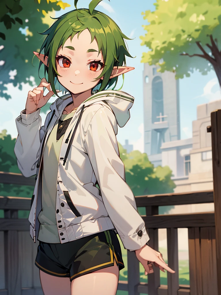 masterpiece, best quality, sylphiette, ahoge, elf, forehead, green hair, pointy ears, red eyes, short eyebrows, short hair, solo,
 smile, standing, hooded jacket, shirt, short shorts, white jacket, outdoor,