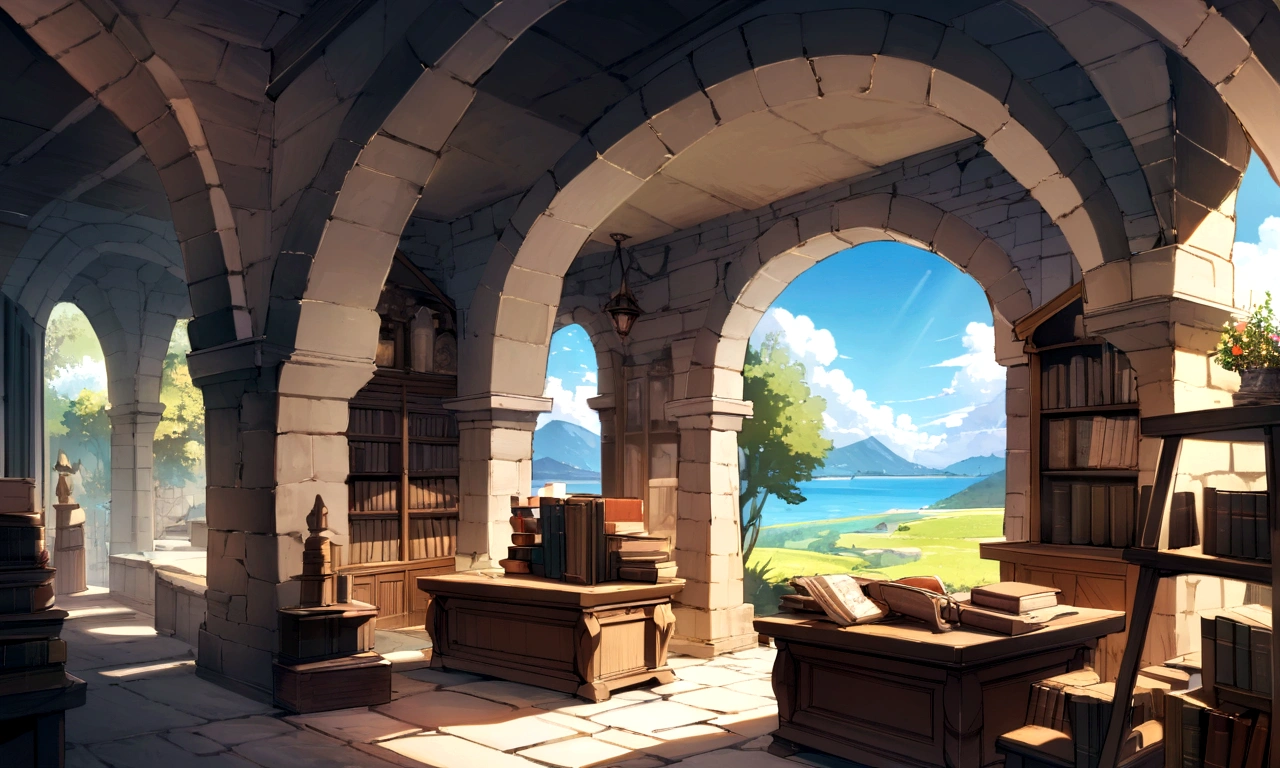 ((((masterpiece, Highest quality, High resolution)))),High detail, manga,anime,Illustration Style,Use of bright colors,Ghibli Studio,Similar to the colors used in daytime scenes, Medieval European fantasy world, Extremely detailed 8K, High detail, A shop by the pond built under a stone arch, Bookshelf, In the store々There are many products lined up,Lying Sword,Luxurious sword, Magic book, Old books, And postcards, Both indoor and outdoor displays. The arches and walls are made of rustic stone, Gives a quaint and attractive look. The store is transparent, Smooth turquoise water surface, Colorful rocks visible beneath the surface. The sky is bright blue、Fluffy white clouds floating, And the sun is shining brightly, Create a magical and cozy atmosphere.