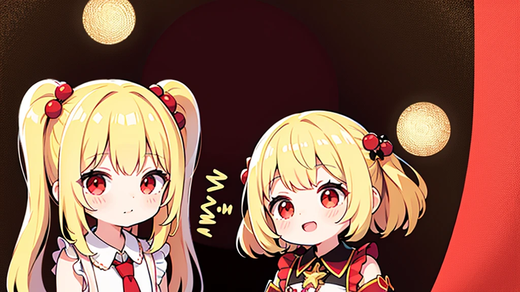 pretty girl, (Kid 1.3), cute, happy, blonde hair, Two-pronged, red eyes, Idol