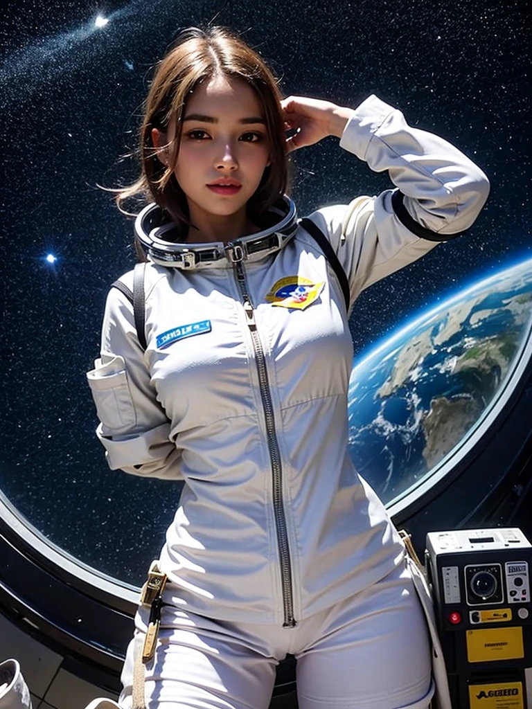 (smile)、(((Staring at the audience)))、((Wearing a space suit standing on the moon)),wear spacesuits, 白いDressed in an astronaut costume, Cute girl in a tank top, girl in space, In space, (((Dressed in an astronaut costume))), woman astronaut, ((Open stance on the moon))、((Sexy young woman's body:1.4))、(dance)、White shorts、Large bust、