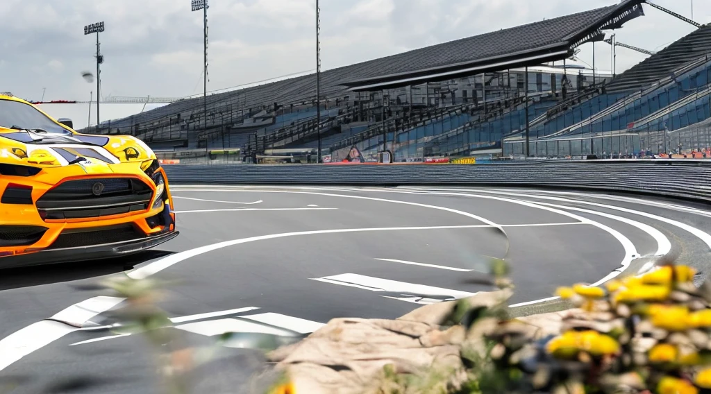 draw a coloring book page in black and white and color, car racing on a track, simple line, illustration, ink drawing, very visible thick outlines, clean lines, line art, clipart. A car is moving along the road, another one is catching up behind it. In the background - tribunes and scoreboard.