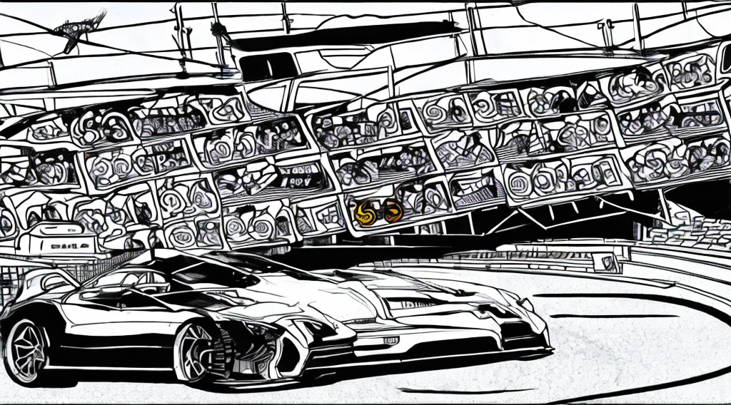 draw a coloring book page in black and white and color, car racing on a track, simple line, illustration, ink drawing, very visible thick outlines, clean lines, line art, clipart. A car is moving along the road, another one is catching up behind it. In the background - tribunes and scoreboard.