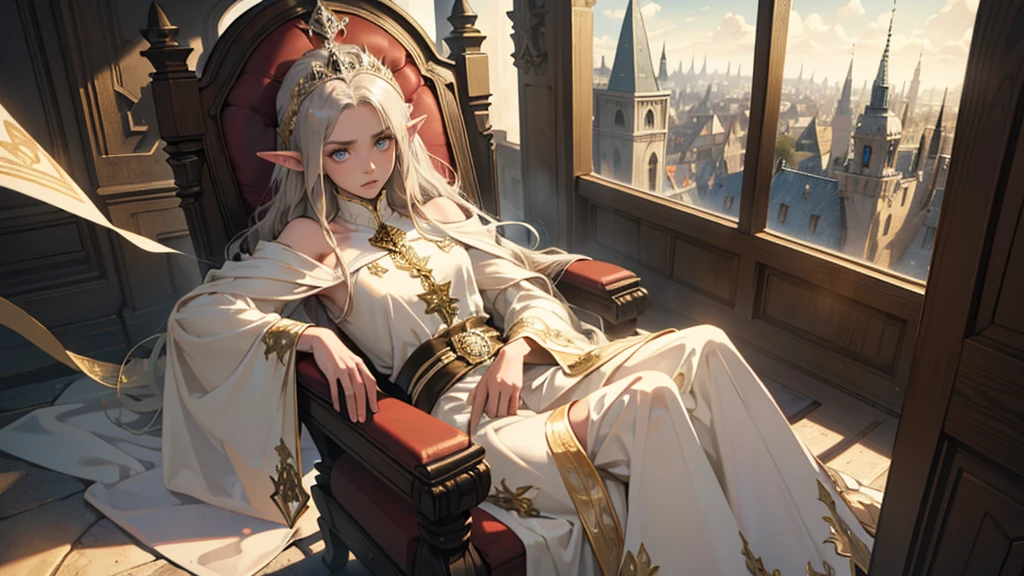 masterpiece, ultra detailed, 8K Portrait, Raw photo, a portrait photo of girl, Highly detailed face, beautiful and meticulous eyes, ((Fantasy)), (elf:1.0), 1woman, 30 year old, gray long hair, brown eyes, (melancholy expression:1.2), tiara, skinny, (ultra thin transparent gold silk cloth), hooded long white coat Fluttering in the wind, ((bare foots)), Midday Sun, Hyper realistic, out of medieval castle in the sky, sitting on the throne, Ambient lighting, Shadow details , strong breeze, Light fog