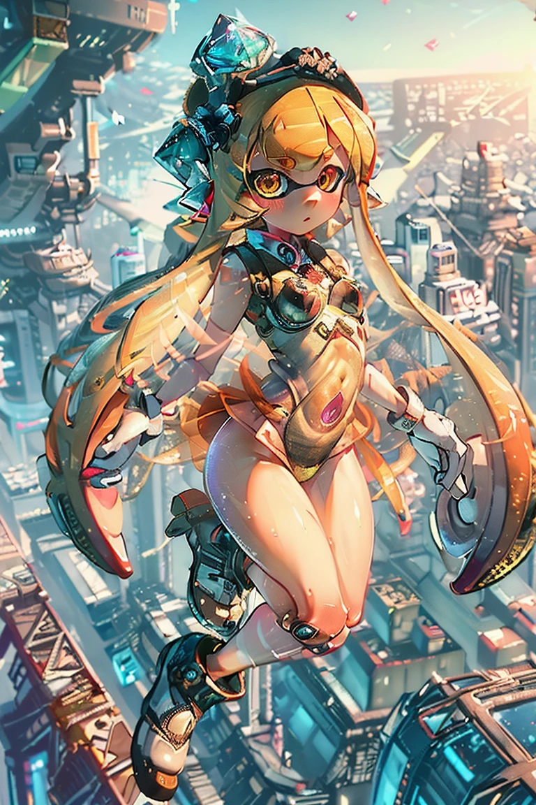 (Super detailed, masterpiece:1.2), Highly detailed artwork, Highest quality, High resolution, Surreal:1.37, ((Attractive Splatoon Girl, Golden glowing eyes、Long, prism-gradation tentacle hair))、Beautiful Face、Detailed facial depiction、Anatomically correct body、(A breathtaking leap, Cityscape in the background)