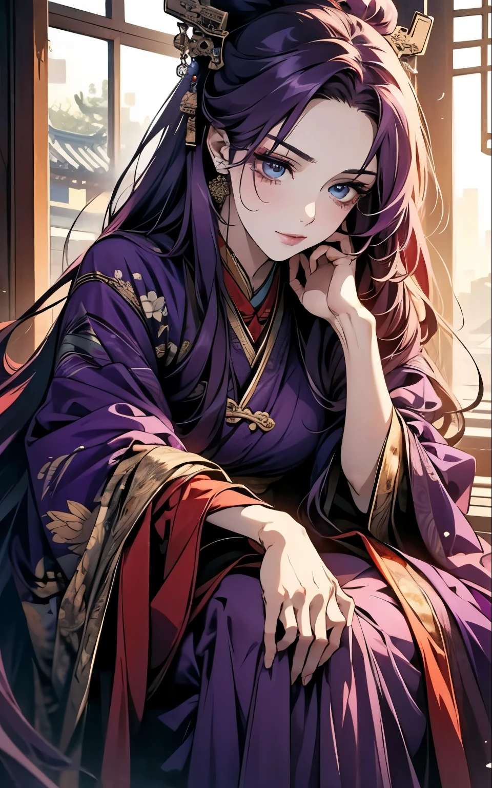 1 middle-aged women, (45 years old), long purple hair, blue eyes, chinese clothes, (!PURPLE! clothes, ultra long skirt ), purple chinese room, close-up portrait