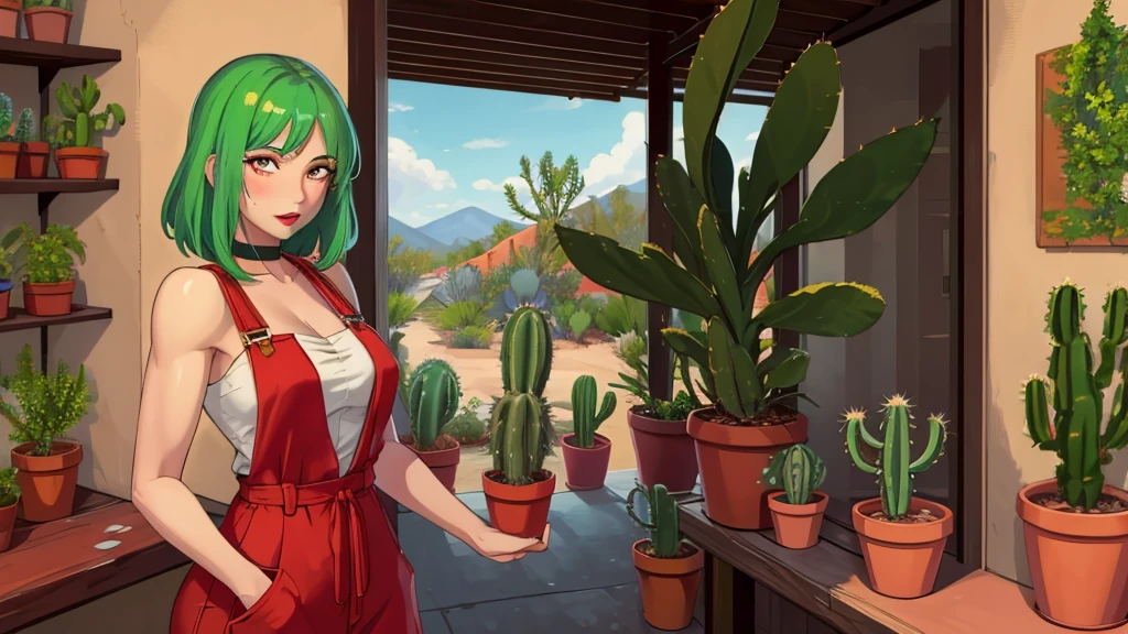 (masterpiece, best quality:1.2), aka6, 1girl, solo, green hair, medium hair, red eyes, lips, red lips, closed mouth, blush, orange overall, thighs, in desert, cactus in background, holding plant pot with cactus, plant pot with cactus in hands