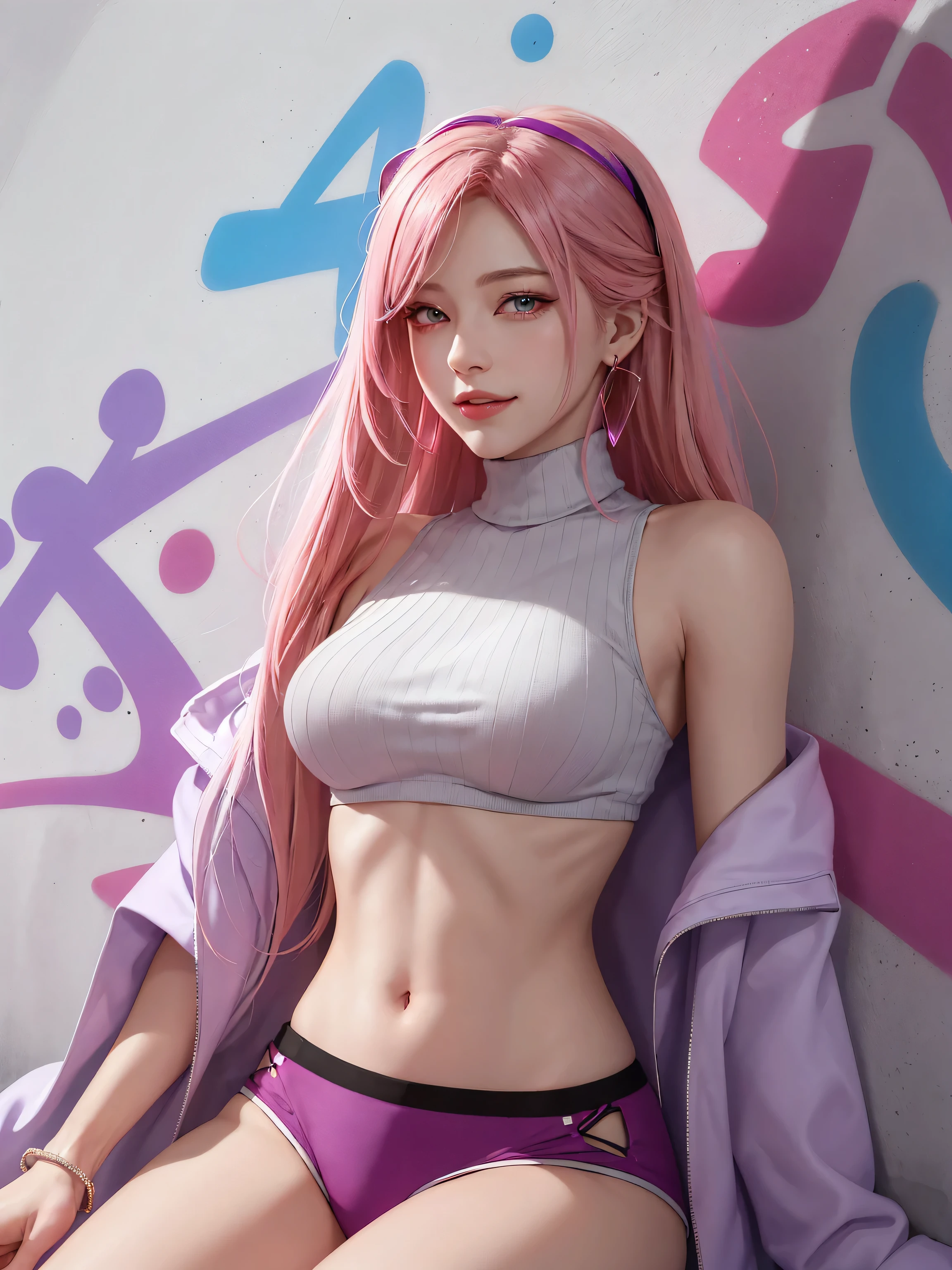 (Masterpiece, best quality, 1 girl, alone, complicated details, Chromatic aberration), realistic, ((Moderate breath)),long hair, pink hair, Red headpiece, Pink Highlights, hair on one eye,purple eyes, earring, sharp eyes, choker, Neon coat, She wears a collar, bangle, and kimono style garters., crop top, (symmetrical eyes),(Perfect symmetrical body),against the wall, Brick wall, (colorful graffiti words on the wall:1.2), The light is dim., alley ,Look at the viewer.、Dig the chest、smile、(sleeveless、Navel touch、Fitted turtleneck.)、street string hot pants、Thin bottom、Please build above the eaves..、Thin shoulders、in underwear、