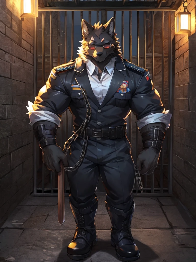 embedding:black wolf, male,Black sunglasses,Scar on the nose.Scar on the face, scar on the body,Single person,Prison guard,Warden's uniform,Leather boots,Prison scenes,With a baton in hand.A dark cell.At night,An airtight cell,Exquisite background,Serious,Chains,black fur,The highest quality of scene detail,adult,Tall and powerful,muscle,Best quality hands, best quality eye,detailed fur,Delicate eyes.Extreme picture quality,by sollyz,by zixiong,by milkytiger1145
