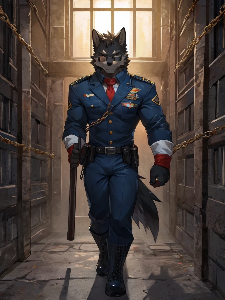 embedding:black wolf, male,Black sunglasses,Scar on the nose.Scar on the face, scar on the body,Single person,Prison guard,Warden's uniform,Leather boots，Prison scenes,With a baton in hand.A dark cell.At night,An airtight cell,Exquisite background,Serious,Chains,black fur,The highest quality of scene detail,adult,Tall and powerful,muscle，Best quality hands, best quality eye，detailed fur，Delicate eyes.Extreme picture quality，by sollyz,by zixiong,by milkytiger1145
