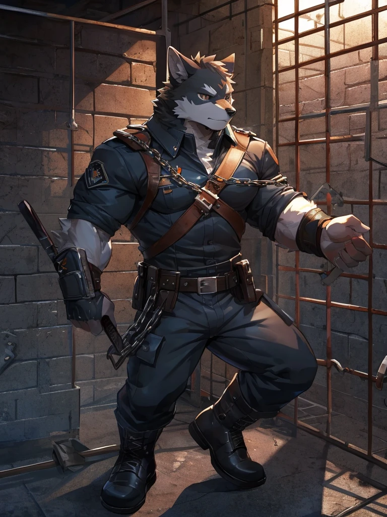 embedding:black wolf, male,Black sunglasses,Scar on the nose.Scar on the face, scar on the body,Single person,Prison guard,Warden's uniform,Leather boots,Prison scenes,With a baton in hand.A dark cell.At night,An airtight cell,Exquisite background,Serious,Chains,black fur,The highest quality of scene detail,adult,Tall and powerful,muscle,Best quality hands, best quality eye,detailed fur,Delicate eyes.Extreme picture quality,by sollyz,by zixiong,by milkytiger1145
