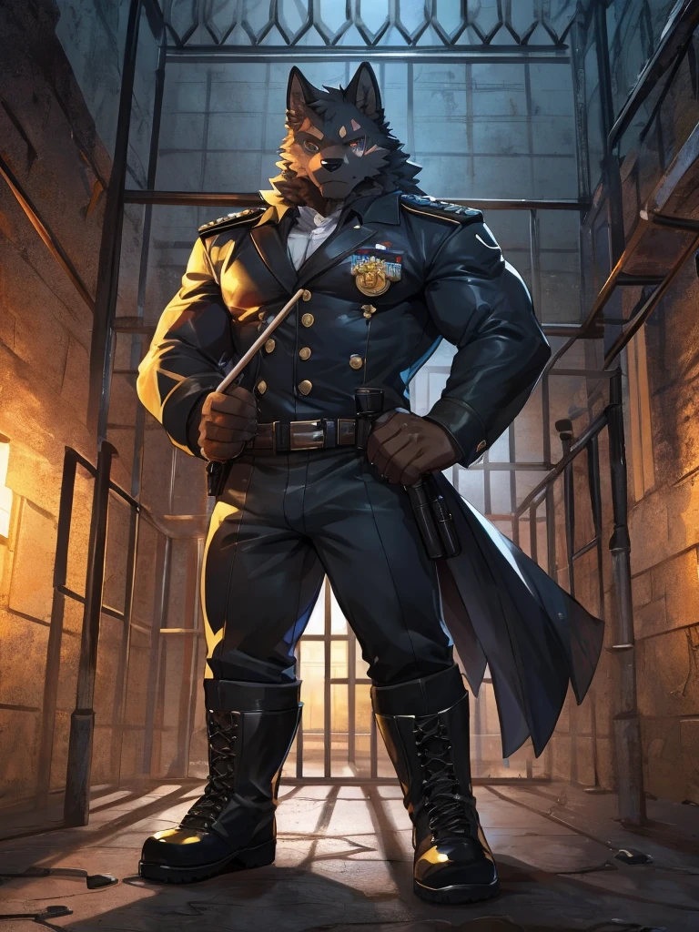 embedding:black wolf, male,Black sunglasses,Scar on the nose.Scar on the face, scar on the body,Single person,Prison guard,Warden's uniform,Leather boots,Prison scenes,With a baton in hand.A dark cell.At night,An airtight cell,Exquisite background,Serious,Chains,black fur,The highest quality of scene detail,adult,Tall and powerful,muscle,Best quality hands, best quality eye,detailed fur,Delicate eyes.Extreme picture quality,by sollyz,by zixiong,by milkytiger1145