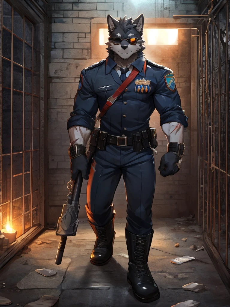 embedding:black wolf, male,Black sunglasses,Scar on the nose.Scar on the face, scar on the body,Single person,Prison guard,Warden's uniform,Leather boots，Prison scenes,With a baton in hand.A dark cell.At night,An airtight cell,Exquisite background,Serious,Chains,black fur,The highest quality of scene detail,adult,Tall and powerful,muscle，Best quality hands, best quality eye，detailed fur，Delicate eyes.Extreme picture quality，by sollyz,by zixiong,by milkytiger1145