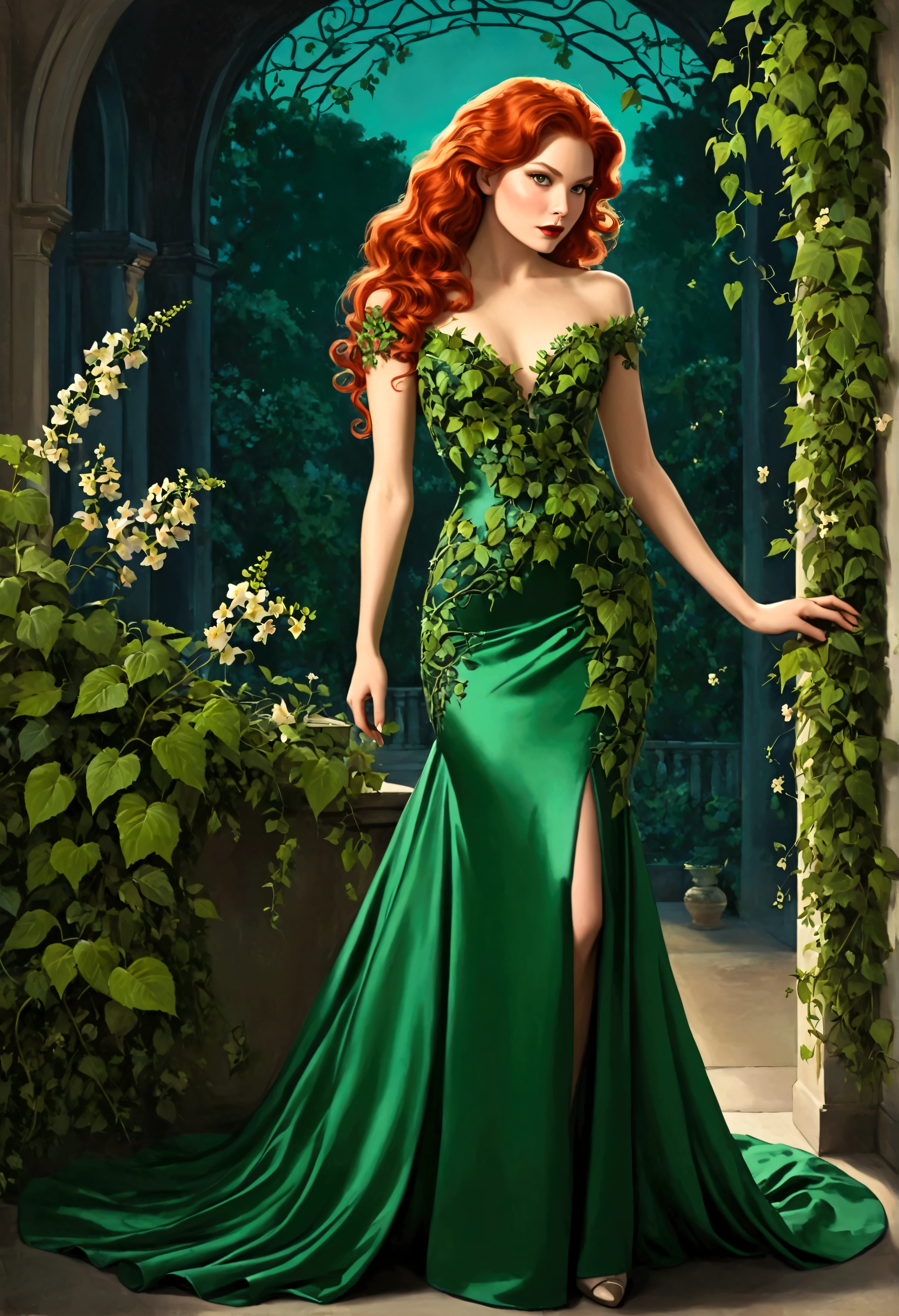 Poison Ivy (long green evening dress, over exposed, safe for work), stealing all the attention, formal affair, lots of flowers