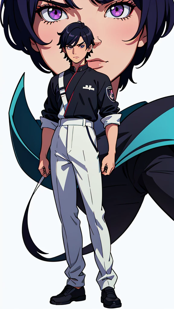 anime, anime style art, masterpiece, best quality, highres, 1 man, Baro Shoei blue lock, scool uniform, natural clothing, black hair, short hair, teenager, colorful hair, light background, full body, teenager, colorful parts, bold, realistic mixing dark lines and loose lines, bold lines, on paper, human man, purple eyes, full body, imposing pose, very tall, stylish outfit, dark theme, standing, male, sharp chin, wide jaw, white background, defined eyes, ultra detail eyes, very muscular ,broad shoulders, big shoulders, black white uniform, front view, standing straight, facing towards, looking straight, looking forward, full face, clean eyes, detailed eyes, hyper realistic eyes, masculine, oval face, calm, humble, man, male, masculine, full body uniform, clear face, detailed face, full body, focused on body, facing forward, looking forward, 1 person, 1 entity focus, standing normaly, non dramatic, no dramatic outfit
