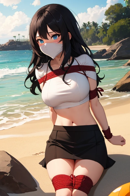 1 girl, detailed blue eyes, lange wimpern, detailed beautiful face, (Long black hair:1.4), (arms behind back:1.6), gefesselte Arme, Red rope, blushing, (Big boobs:1.2), (White crop top, black skirt:1.5), OTN, Gag, gagged, shibari, laying at a beach, liegend im wasser, nah aufnahmen, von vorne