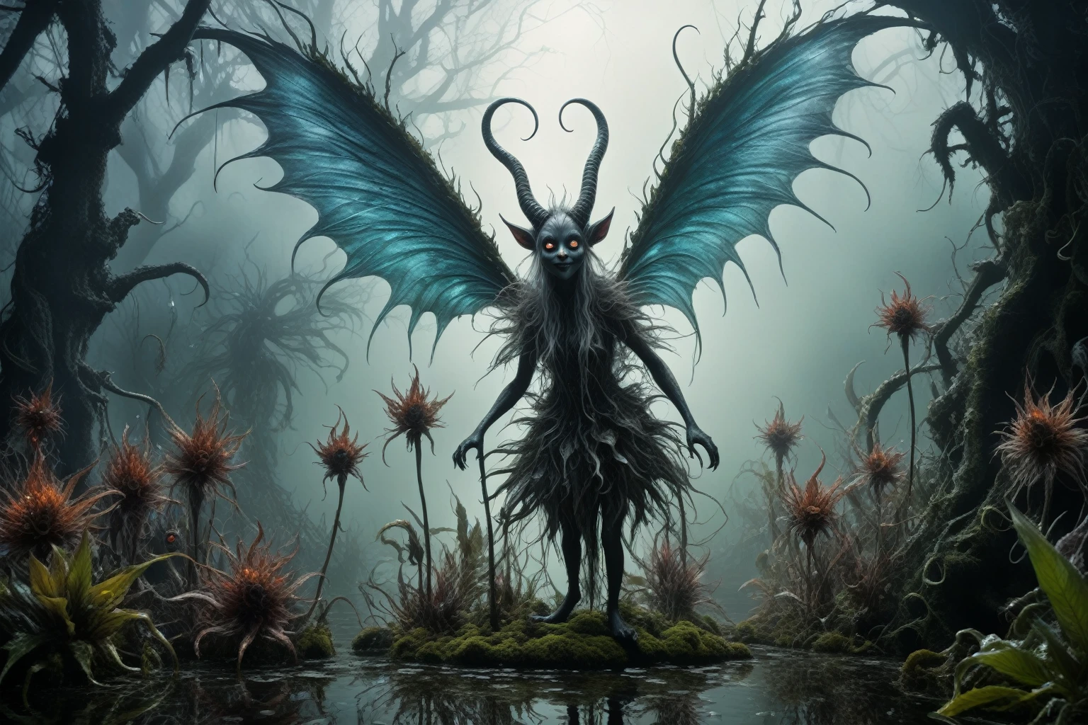 a graphite copper plant Krampus ,made of dead plants,a girl made of plants of Silent Hill, atmosphere with backlit,forest city chinesse pixie,A charming and fascinating creature with otherworldly forms that blend the best aspects of the monster human form and the innocent charm of a precocious , once pretty, wings, (best quality: 1.4), (masterpiece: 1.2), detailed, complex, high resolution, iridescent colors, texture, complex, gorgeous, 3D, highly detailed, (Professional photography, extremely detailed),Tim Burton, Dale Chihuly, Bruce Zheng, extremely detailed, high detailed eyes,8k resolution,RAW,retina, Nikon Z9,Nicola Samori, Sergey Zabelin,Aerith Gainsborough,pale demon woman , a foggy marsh on background, horror movie, cinematic look, creepy aesthetic, ultra detailed, photorealistic, masterpiece.