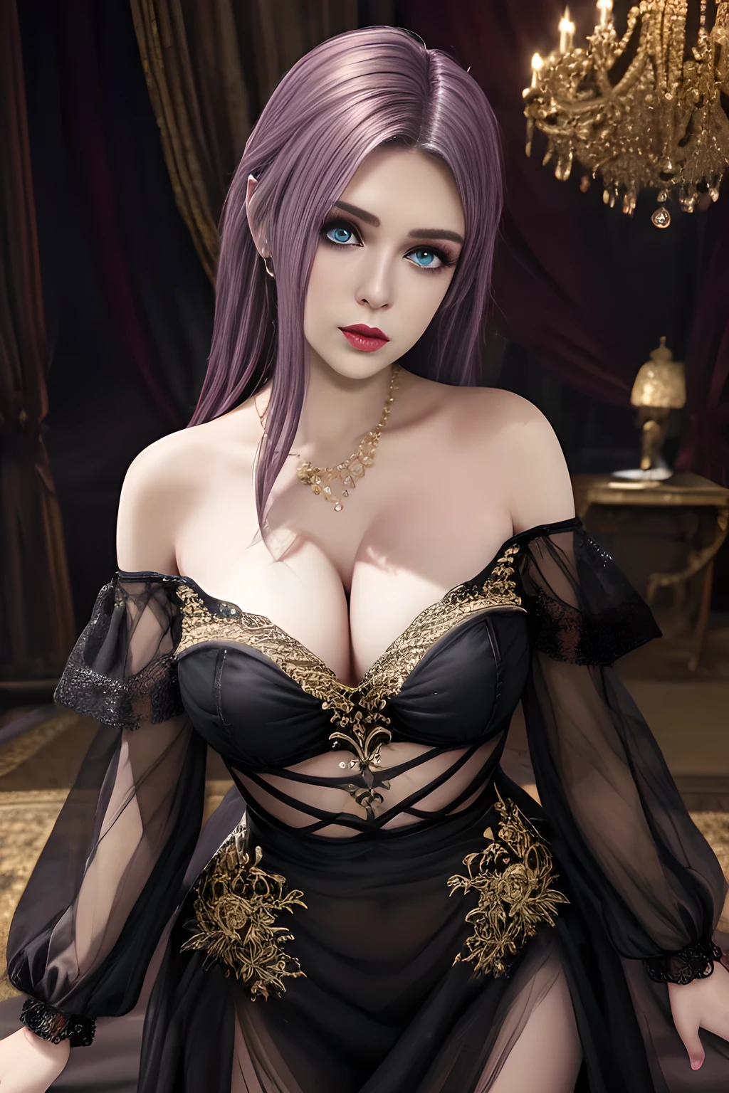 1girl, long sleeves, black dress, off shoulder, bare shoulders, long dress, (see-through), tulle dress,beautiful detailed eyes, beautiful detailed lips, extremely detailed eyes and face, long eyelashes, best quality, 4k, 8k, highres, masterpiece, ultra-detailed, realistic, photorealistic, photo-realistic, ethereal glow, regal elegance, intricate details, luxurious, otherworldly beauty, dark atmospheric background, supernatural aura,  elise,