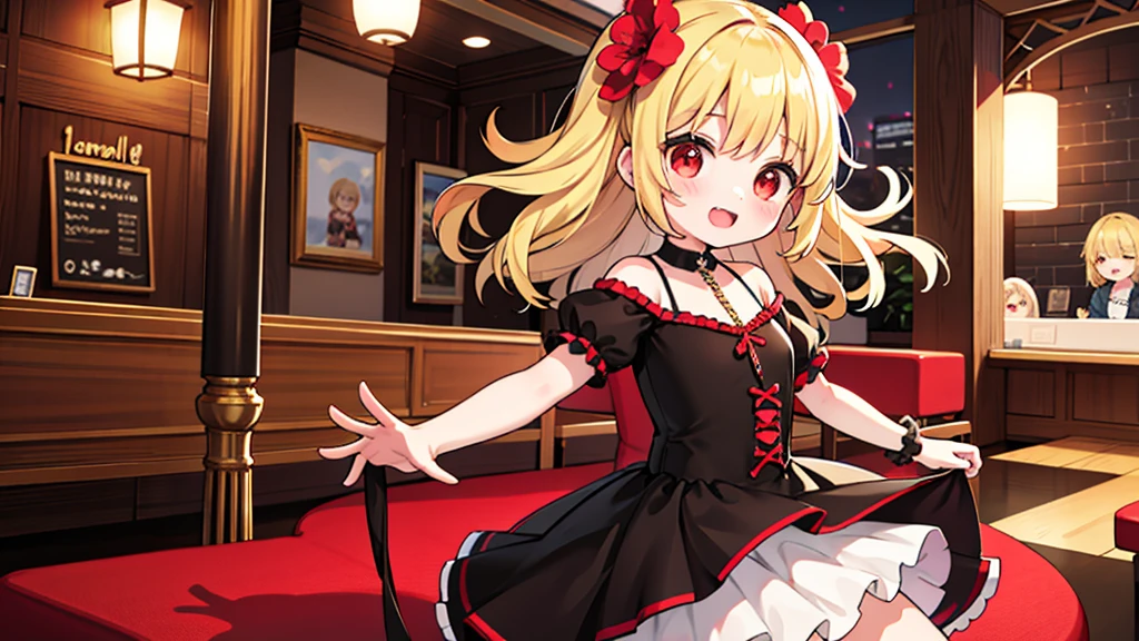 pretty girl, (??? 1.3), cute, happy, blonde hair, Two-pronged, red eyes, singing a song