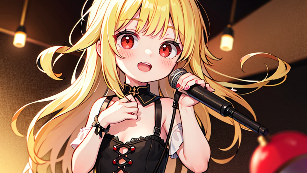 pretty girl, (Kid 1.3), cute, happy, blonde hair, Two-pronged, red eyes, singing a song