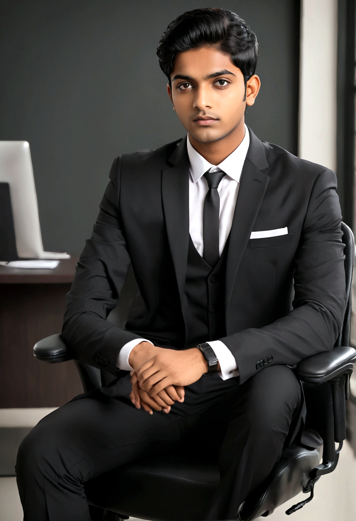 a 21 years old Indian bihari man, honey skin, short black hair, wearing black suit & pant, sitting on black office chair, image fill, best quality, 1080P, HD, 16k, super detail