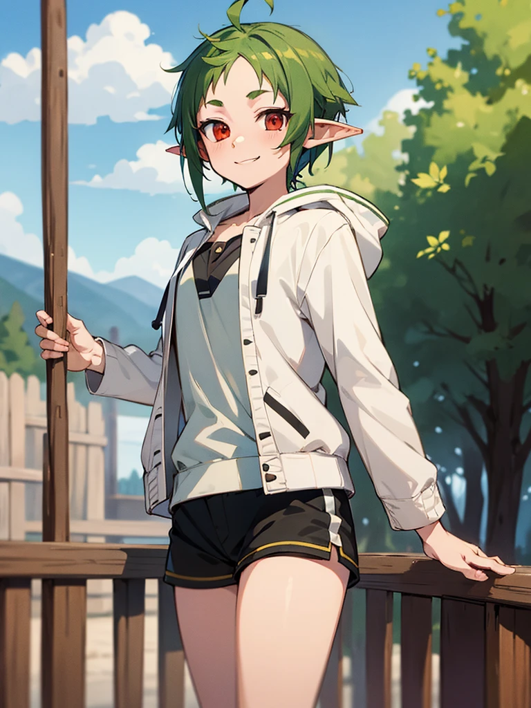 masterpiece, best quality, sylphiette, ahoge, elf, forehead, green hair, pointy ears, red eyes, short eyebrows, short hair, solo,
 smile, standing, naked hooded jacket, short shorts, white jacket, outdoor,