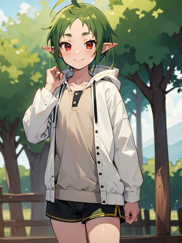 masterpiece, best quality, sylphiette, ahoge, elf, forehead, green hair, pointy ears, red eyes, short eyebrows, short hair, solo,
 smile, standing, naked hooded jacket, short shorts, white jacket, outdoor,