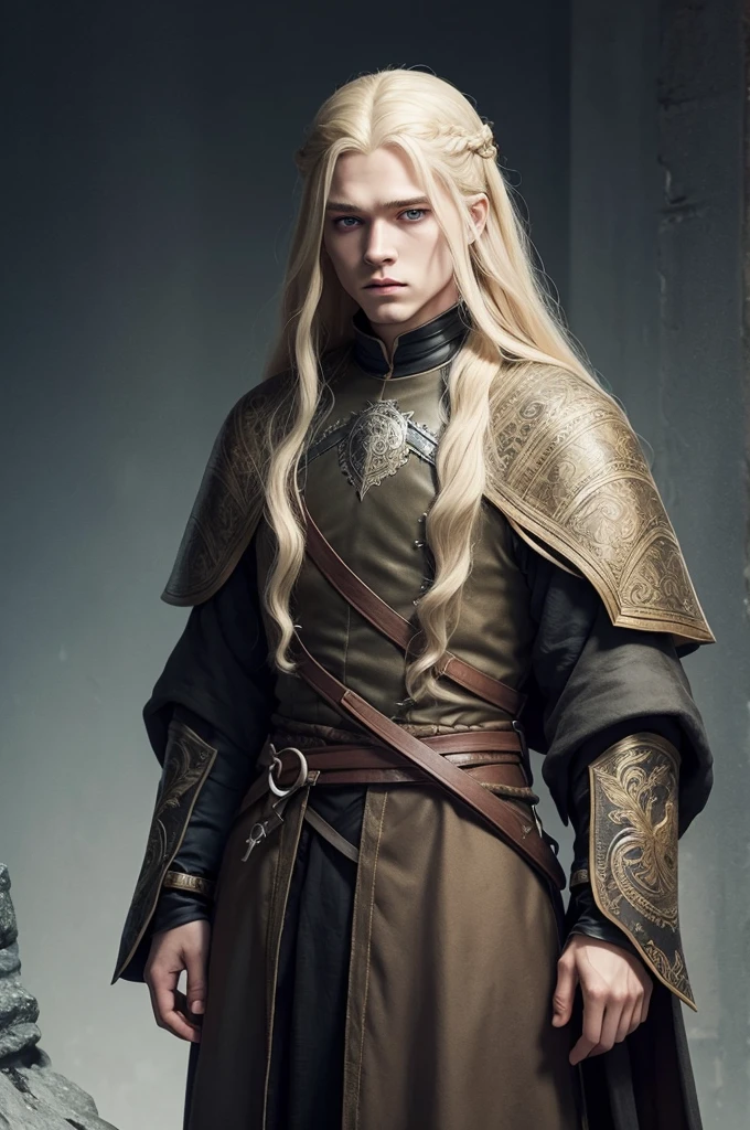 Character design, full body, young man with long blond hair, clothes of Game of thrones, Russian folk mask , (detailed), perfect, face anime style