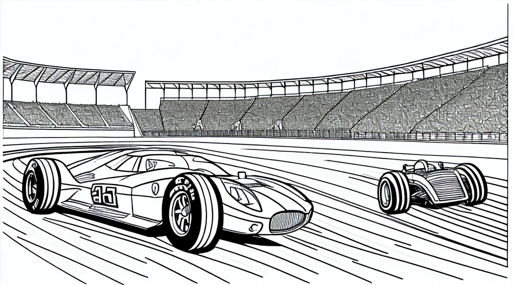 draw a coloring book page in black and white and color, car racing on a track, simple line, illustration, ink drawing, very visible thick outlines, clean lines, line art, clipart. A car is moving along the road, another one is catching up behind it. In the background - tribunes and scoreboard.