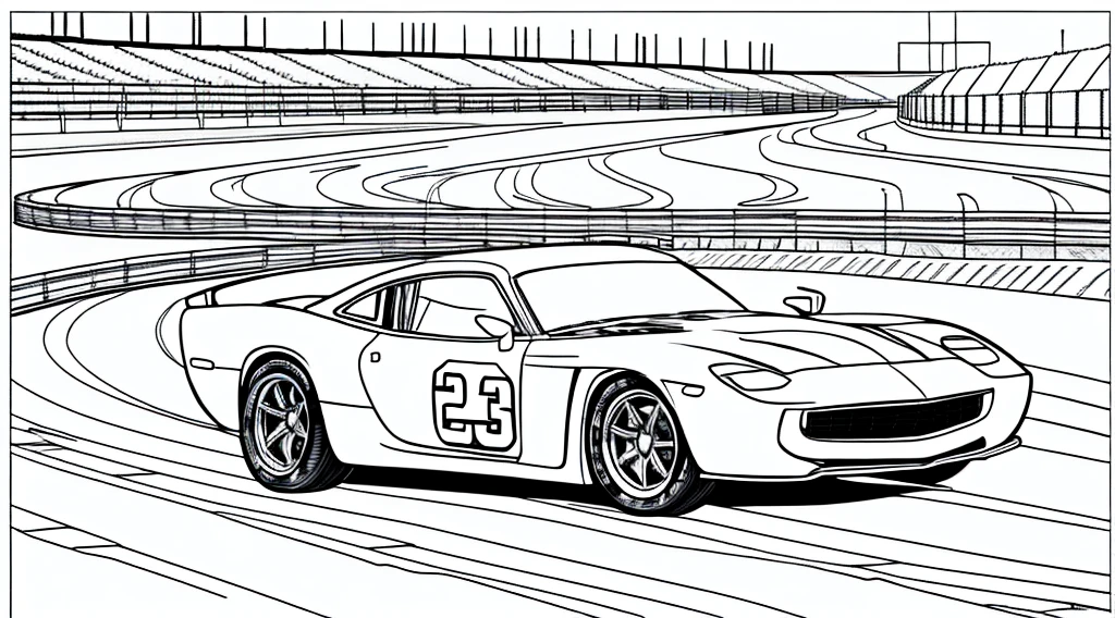 draw a coloring book page in black and white and color, car racing on a track, simple line, illustration, ink drawing, very visible thick outlines, clean lines, line art, clipart. A car is moving along the road, another one is catching up behind it. In the background - tribunes and scoreboard.