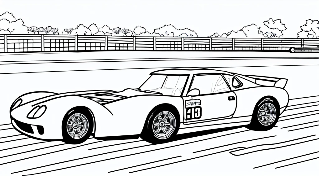draw a coloring book page in black and white and color, car racing on a track, simple line, illustration, ink drawing, very visible thick outlines, clean lines, line art, clipart. A car is moving along the road, another one is catching up behind it. In the background - tribunes and scoreboard.